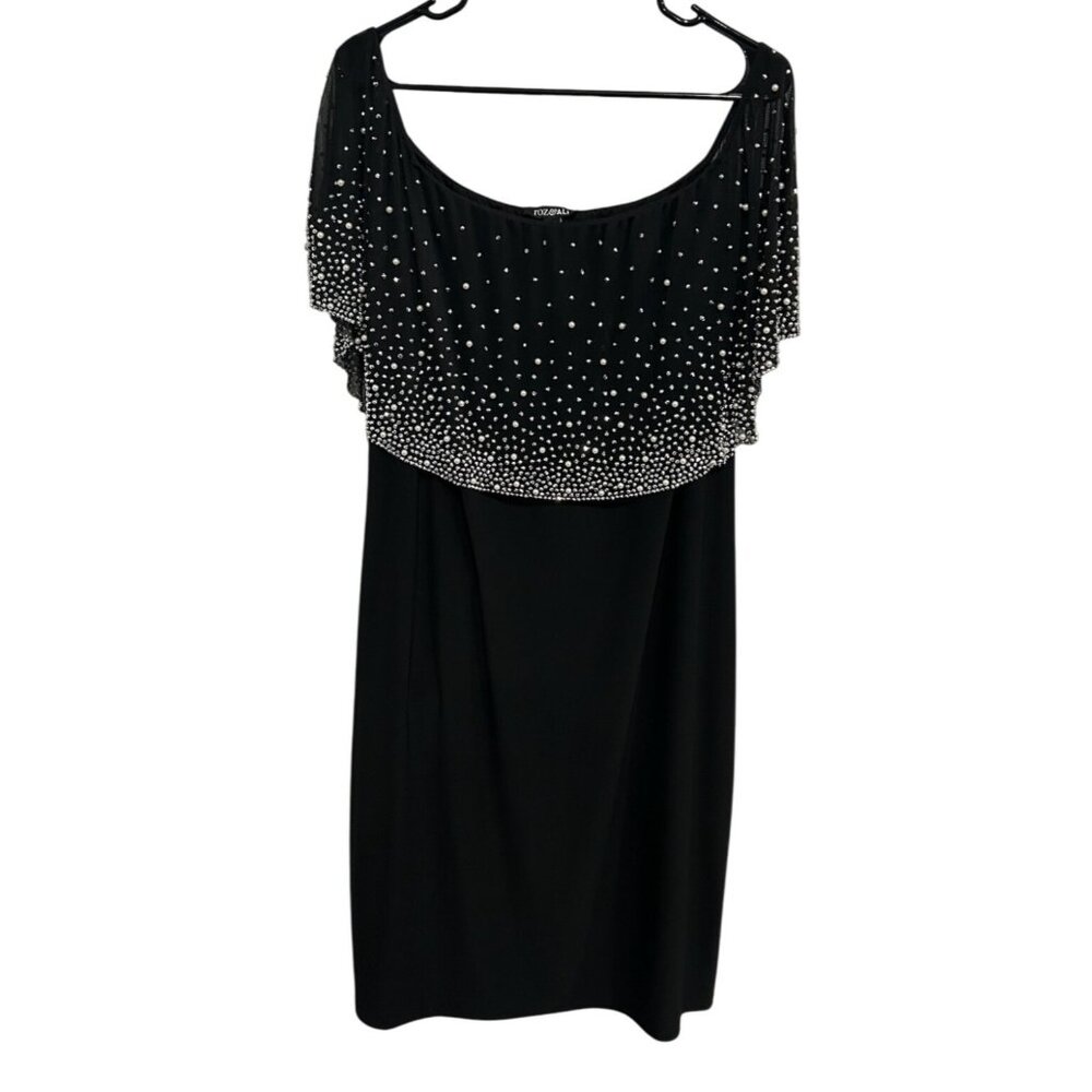 Roz & Ali Black Dress With Rhinestone Pearl Embellished Overlay Sz XL